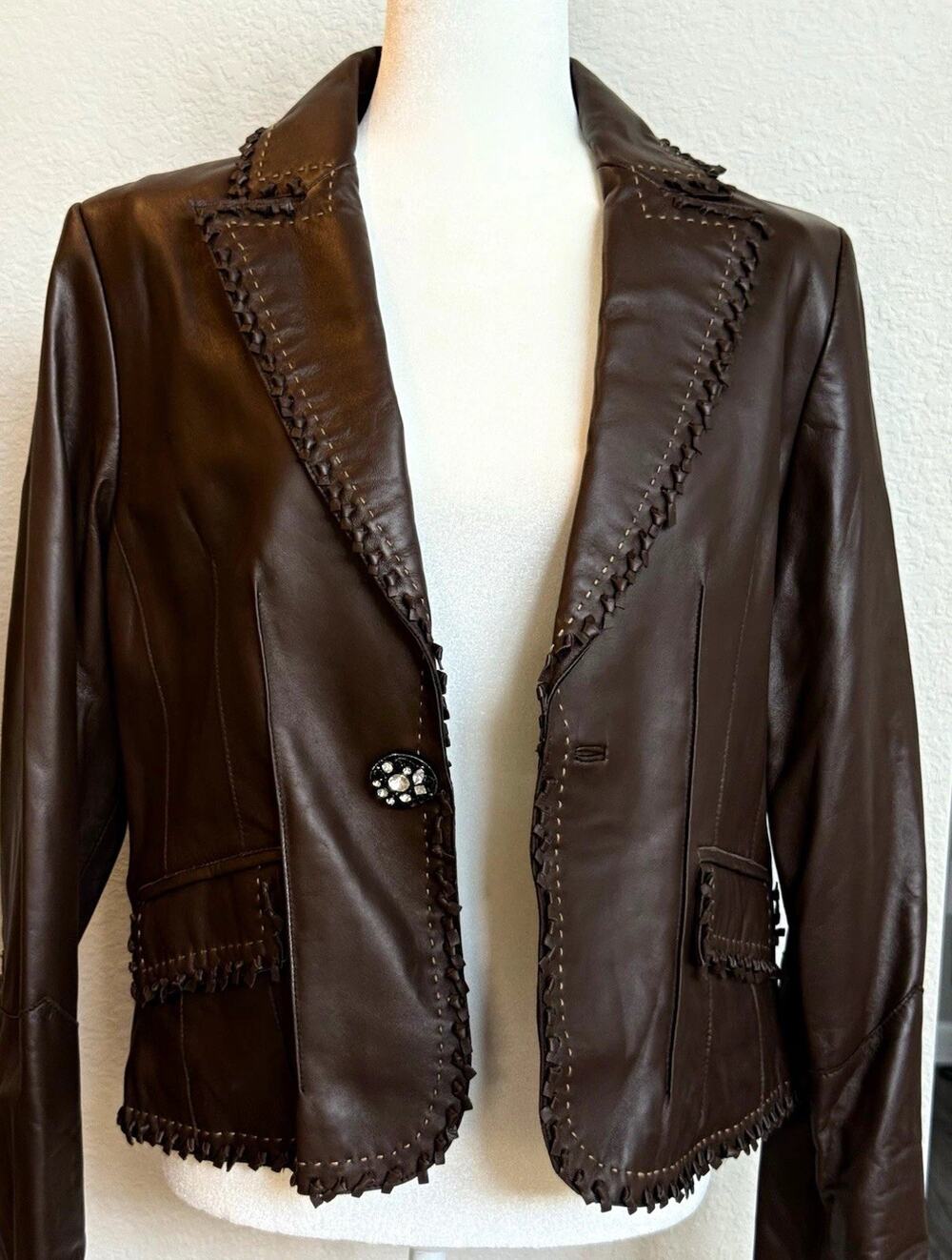 VTG NWT Pamela McCoy Genuine Leather Lined Jacket Collared Pockets 1-Button M